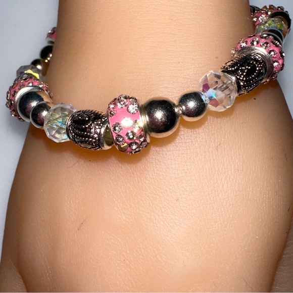 Pink Crystal Encrusted Donut & Silvertone Beaded Bracelet - Picture 1 of 6